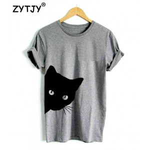 Cat looking out side Print Women t-shirt Cotton Black Gray White